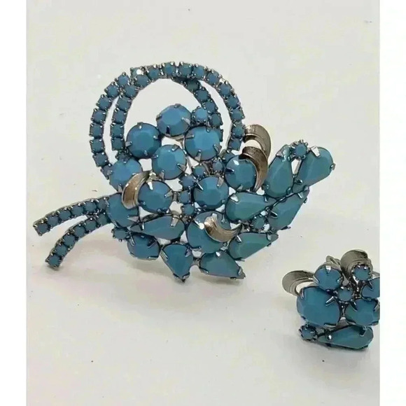 Alice Caviness Rare Set Brooch & Earrings Faux Turquoise Vintage Signed - Picture 2 of 16
